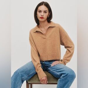 Reformation Tan Cashmere Cropped Polo Sweater Long Sleeve Medium